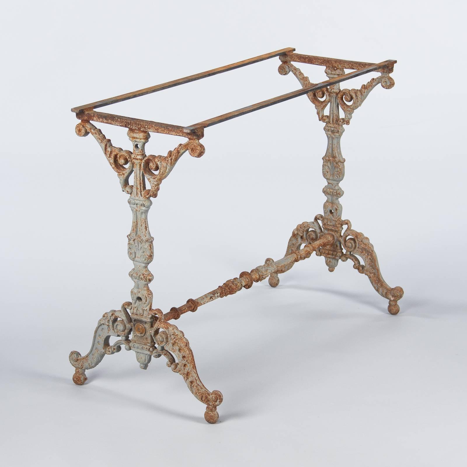 Pair of Spanish Rococo Iron Base Bistro Tables with Marble Tops, Late 1800s In Good Condition For Sale In Austin, TX