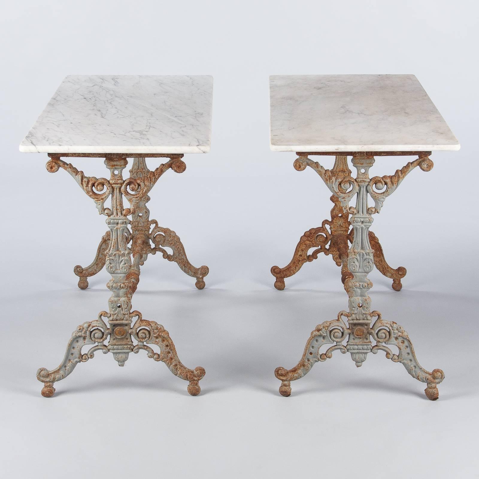 Rococo Revival Pair of Spanish Rococo Iron Base Bistro Tables with Marble Tops, Late 1800s For Sale