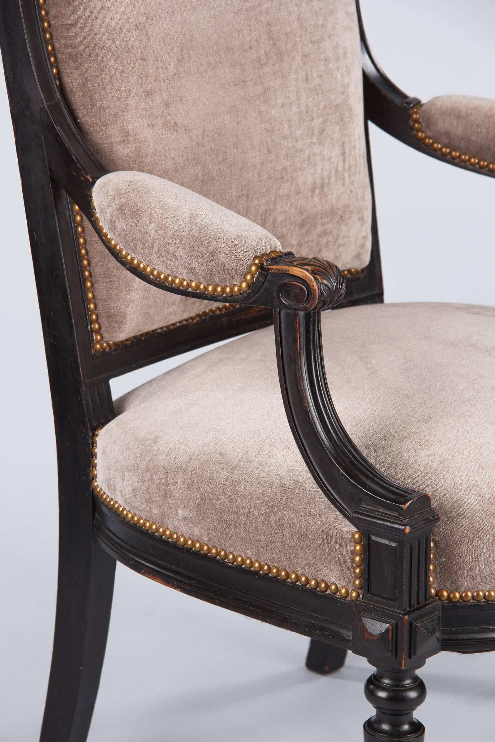 French Napoleon III Upholstered Armchair in Ebonized Pear Wood, 1870s In Good Condition In Austin, TX