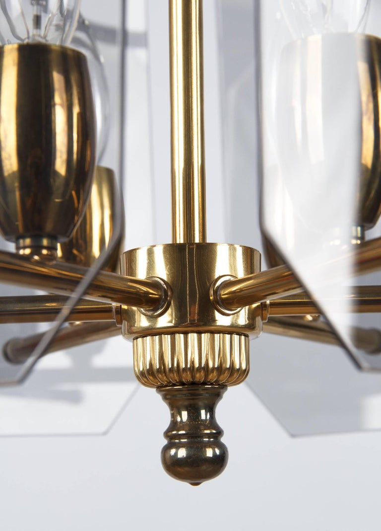 Midcentury French Brass Chandelier with Smoked Glass Panels, 1960s at
