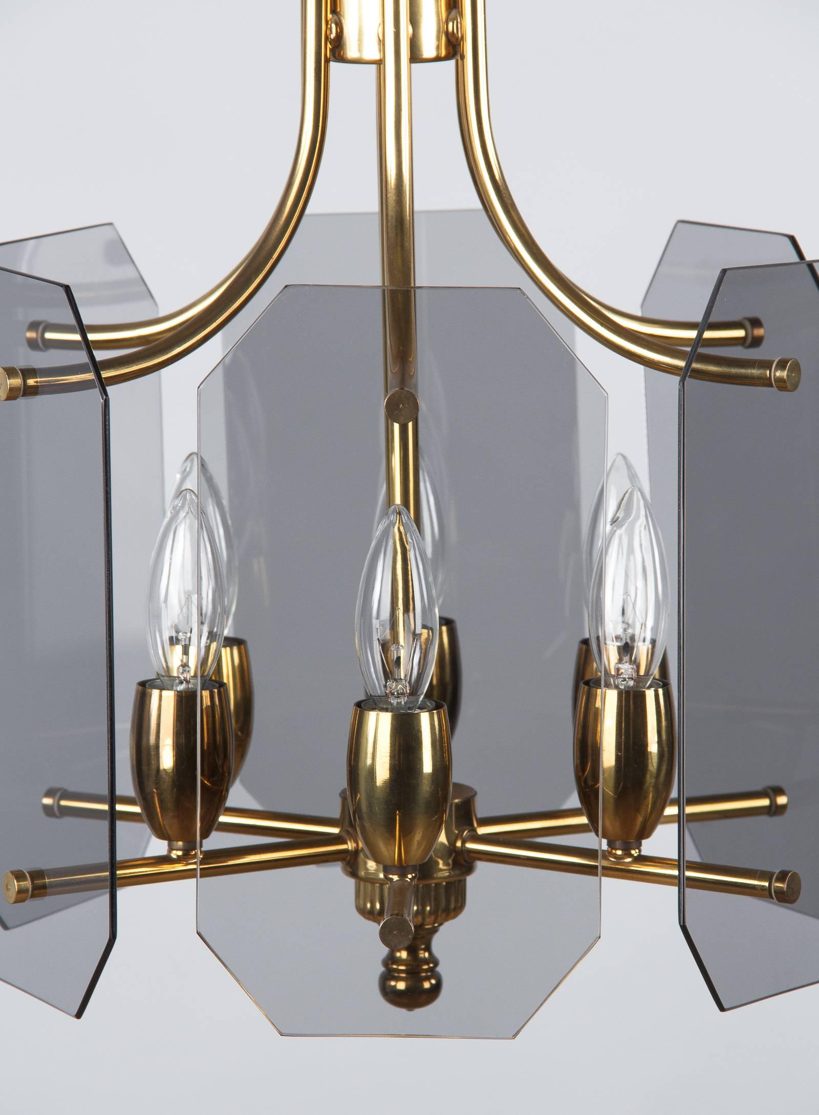 20th Century Midcentury French Brass Chandelier with Smoked Glass Panels, 1960s