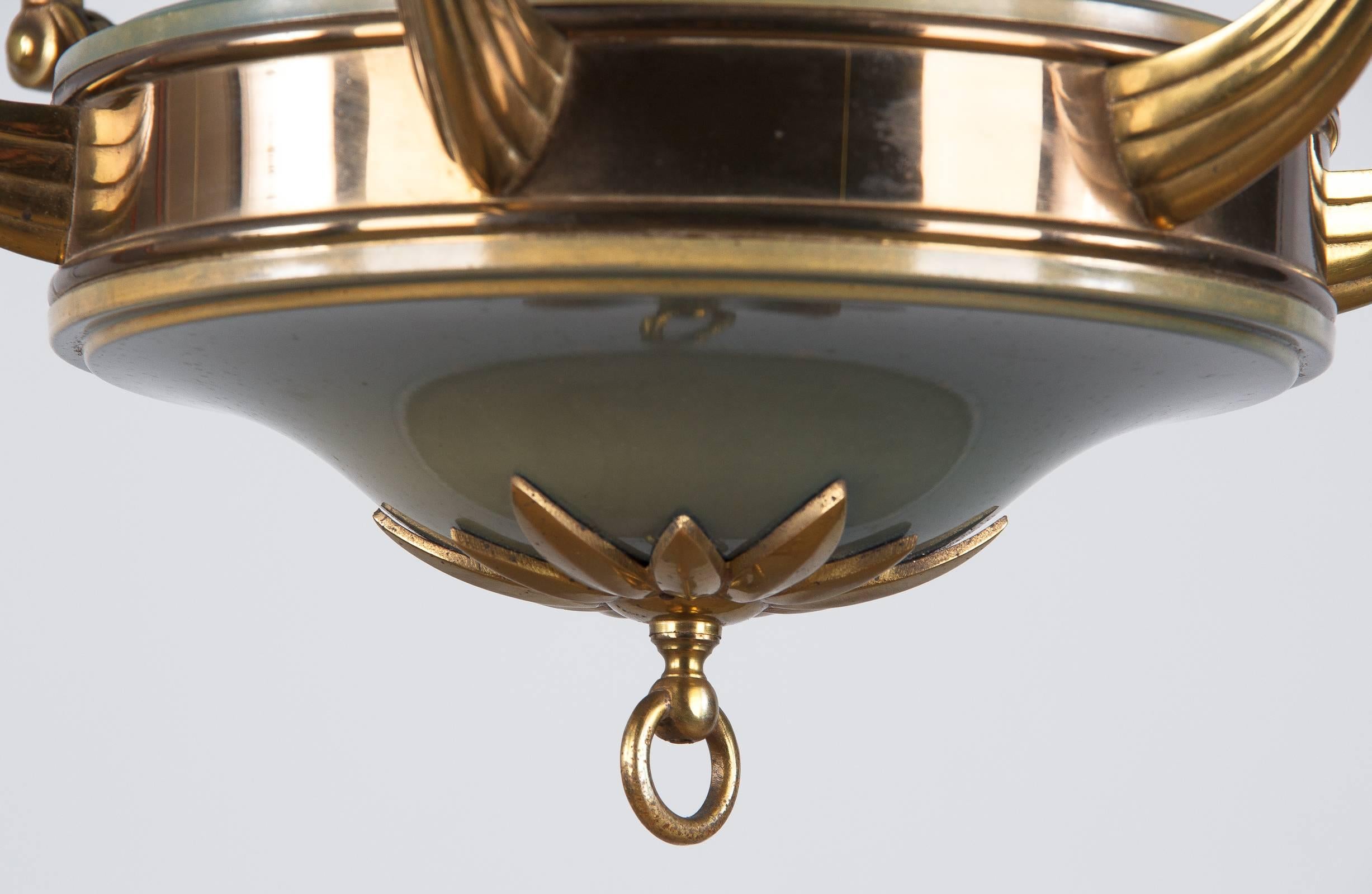 French Art Deco Green Tole and Brass Chandelier, 1930s 2