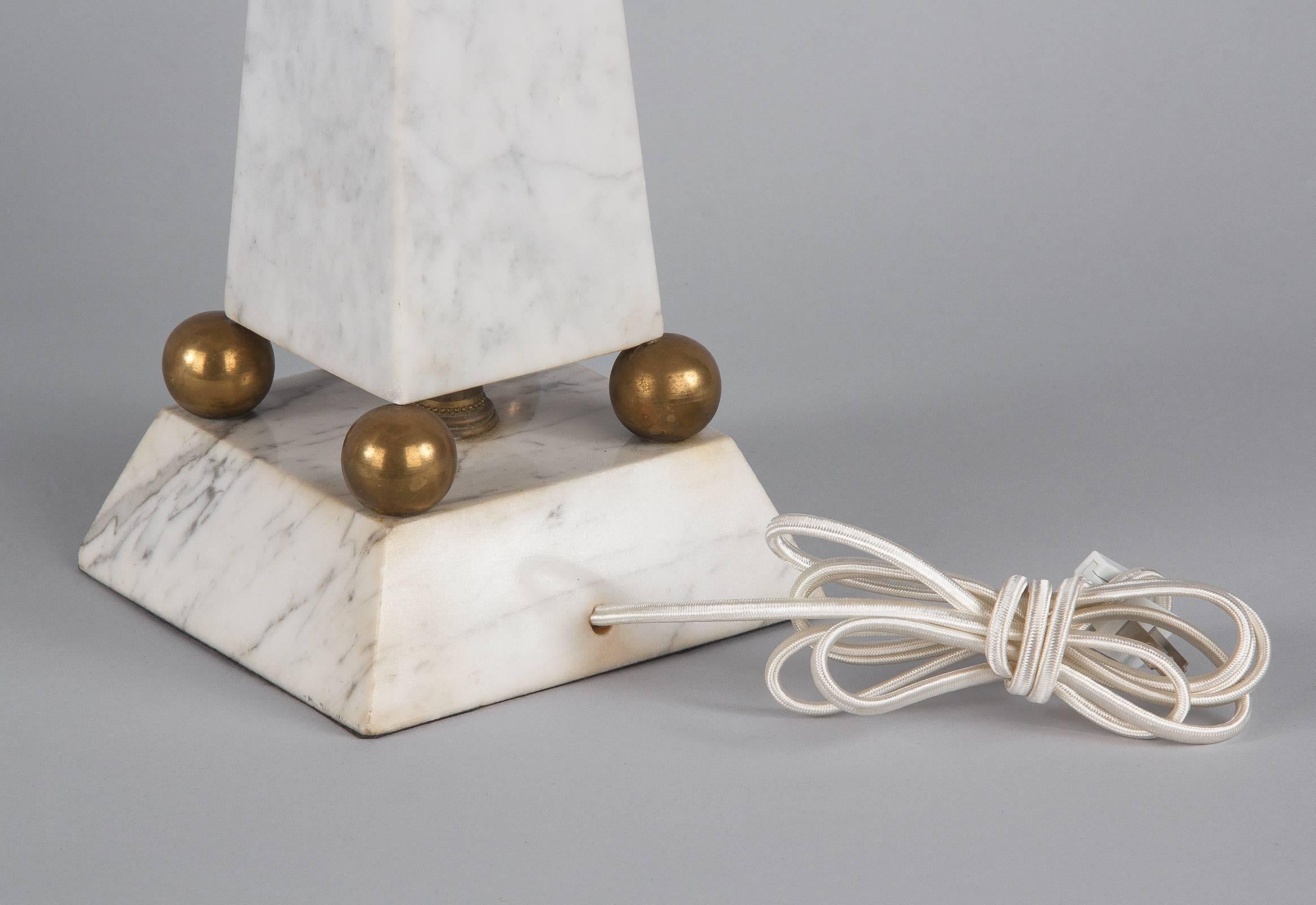 Brass Pair of Art Deco Marble Table Lamps, Italy, 1930s