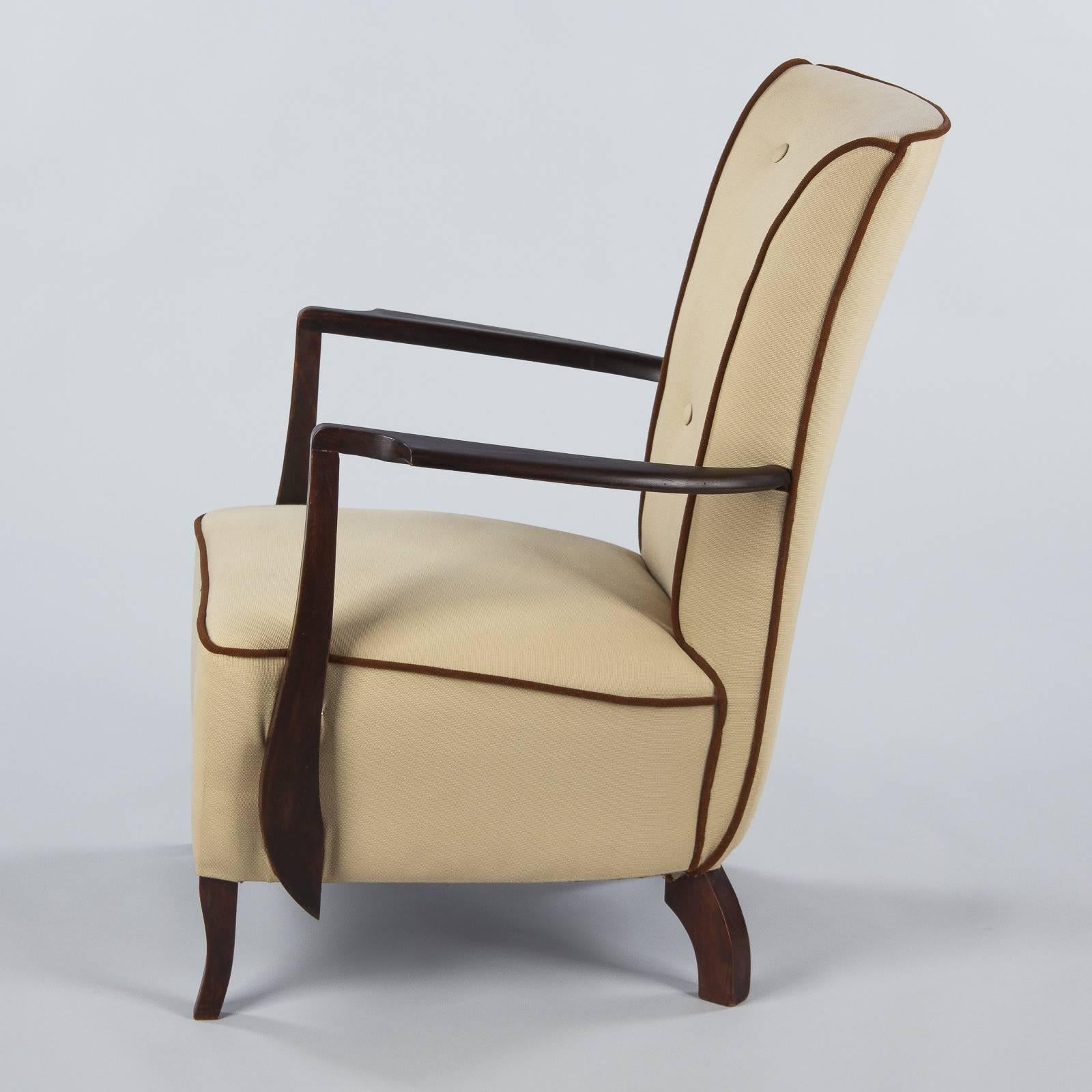 Fabric French Art Deco Beechwood Upholstered Armchair, 1940s