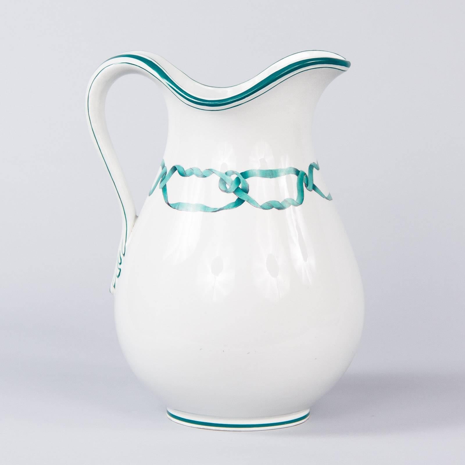 Midcentury French White Hand Painted Ceramic Pitcher, 1950s In Good Condition In Austin, TX