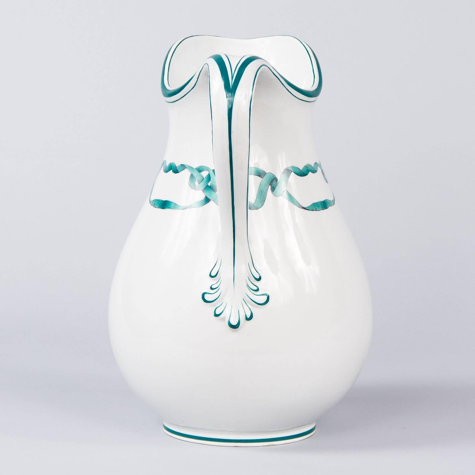 Hand-Painted Midcentury French White Hand Painted Ceramic Pitcher, 1950s