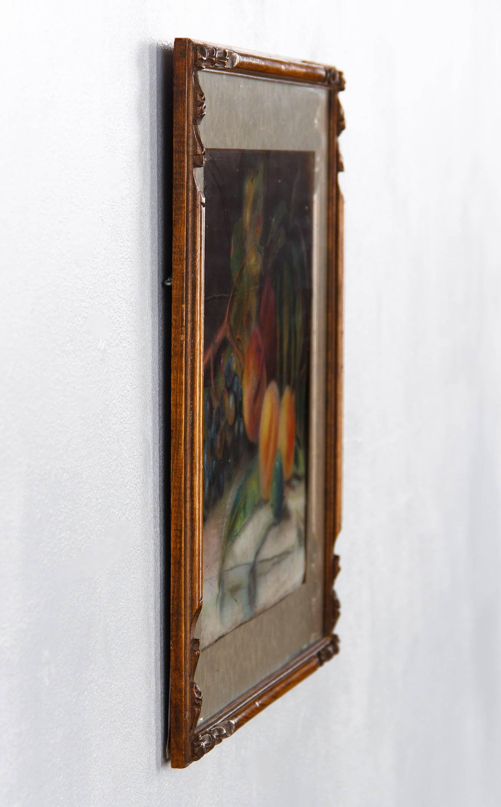 Wood French Art Nouveau Frame with Pastel Still Life, 1910s