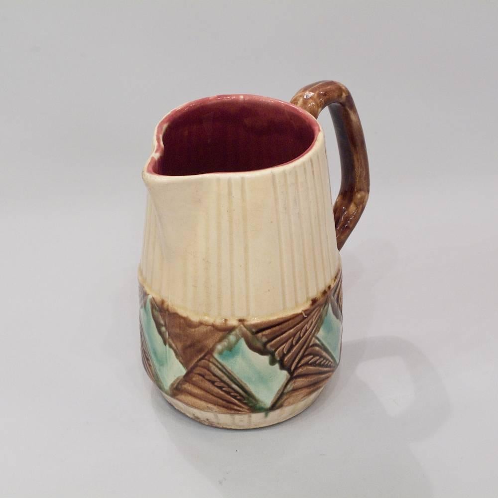 Glazed French Art Deco Orchies Barbotine Majolica Pitcher, 1930s