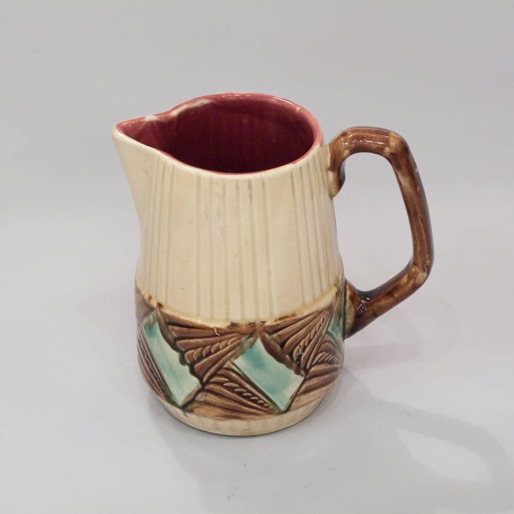 French Art Deco Orchies Barbotine Majolica Pitcher, 1930s In Good Condition In Austin, TX