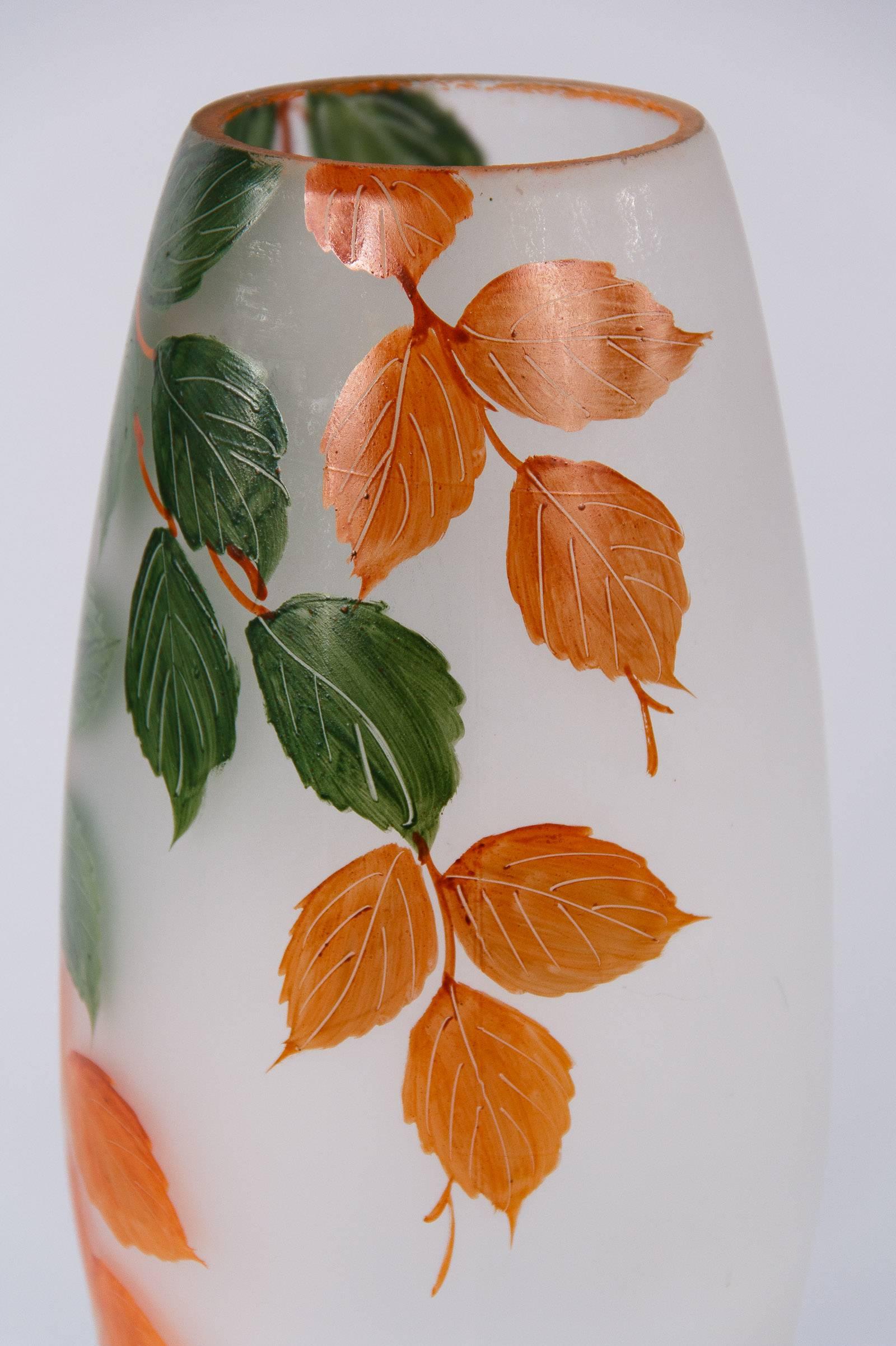 French Frosted Glass Vase with Hand Painted Foliage Motifs, 1900s In Good Condition For Sale In Austin, TX