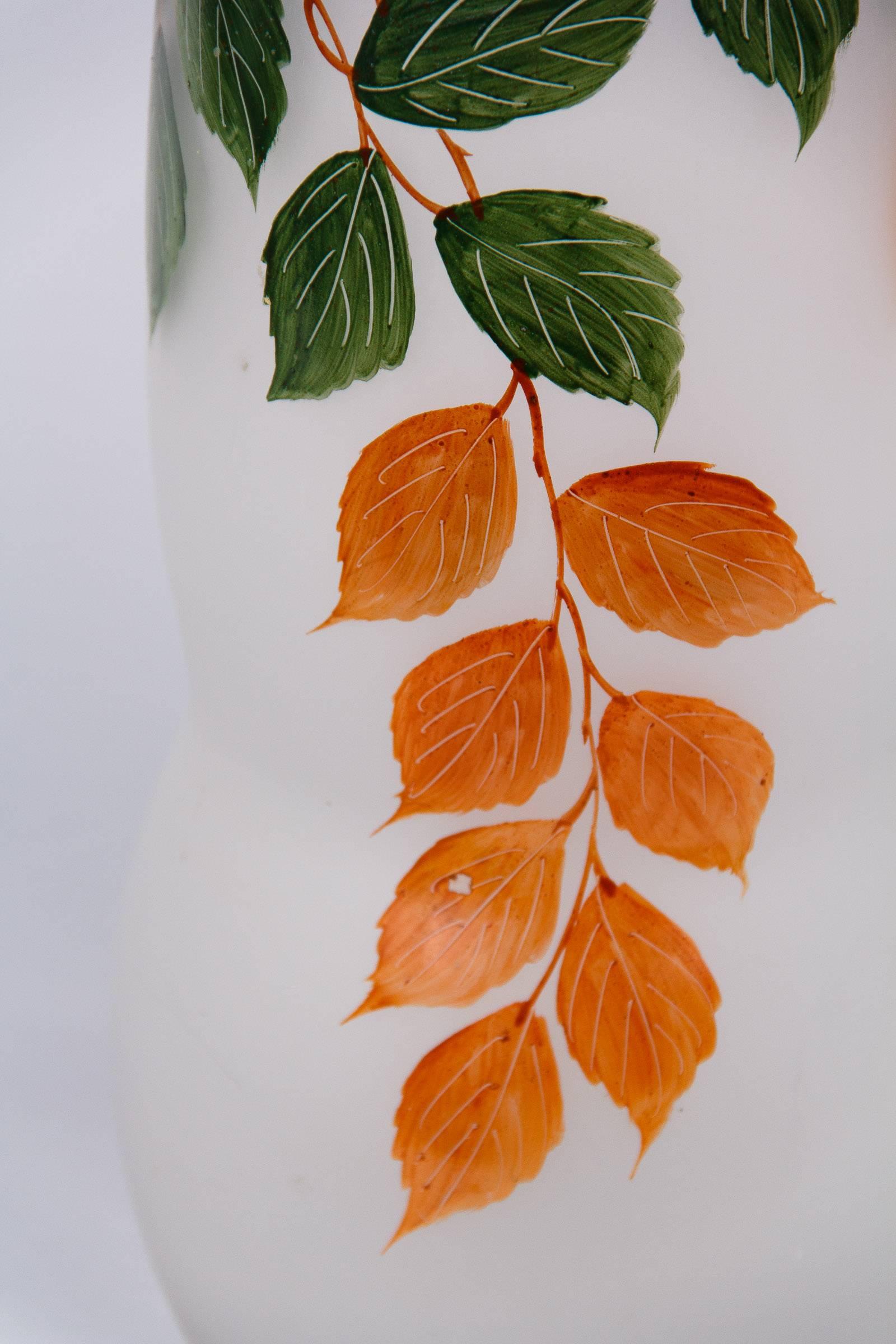 20th Century French Frosted Glass Vase with Hand Painted Foliage Motifs, 1900s For Sale