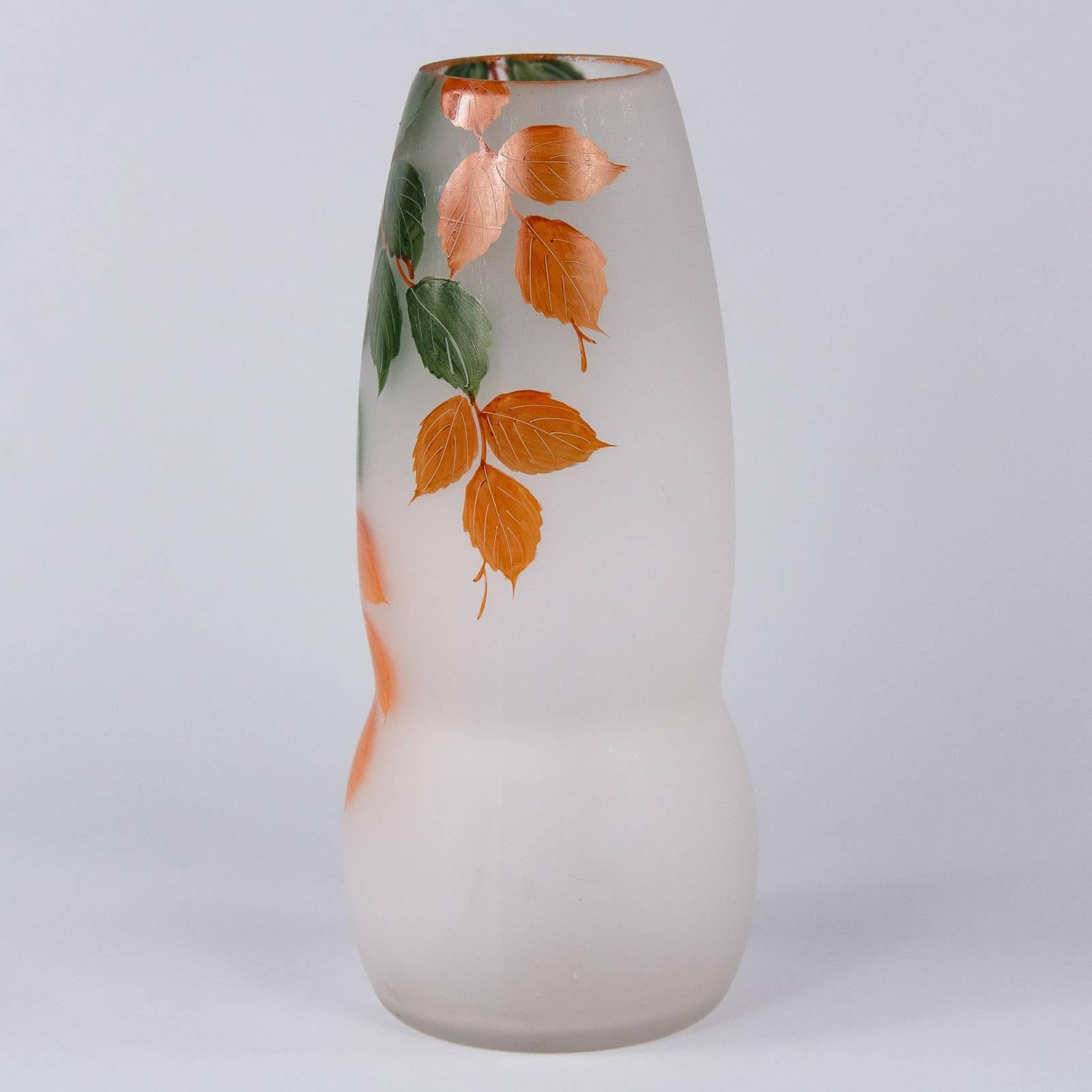 French Frosted Glass Vase with Hand Painted Foliage Motifs, 1900s For Sale 3