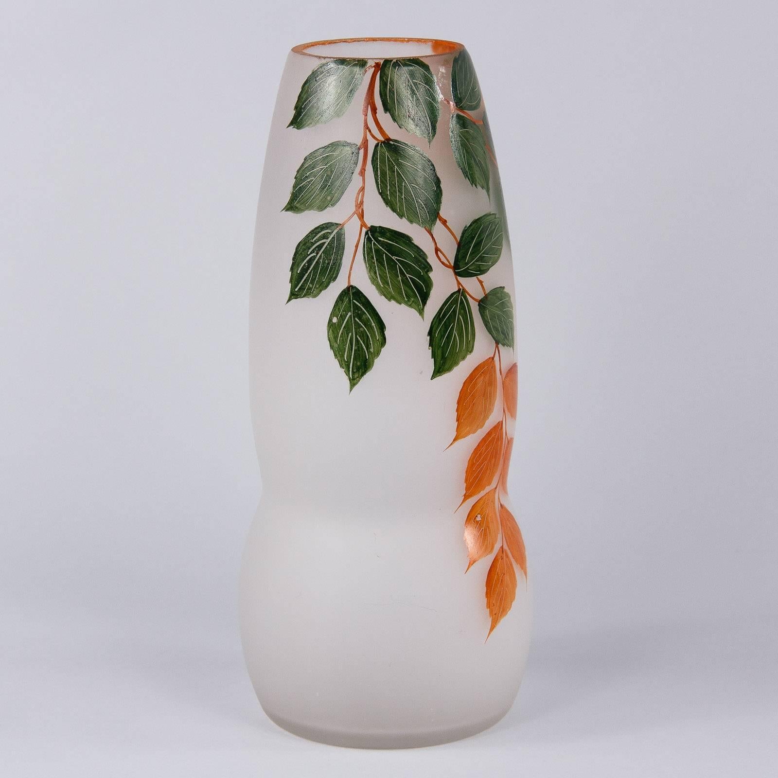 French Frosted Glass Vase with Hand Painted Foliage Motifs, 1900s For Sale 5