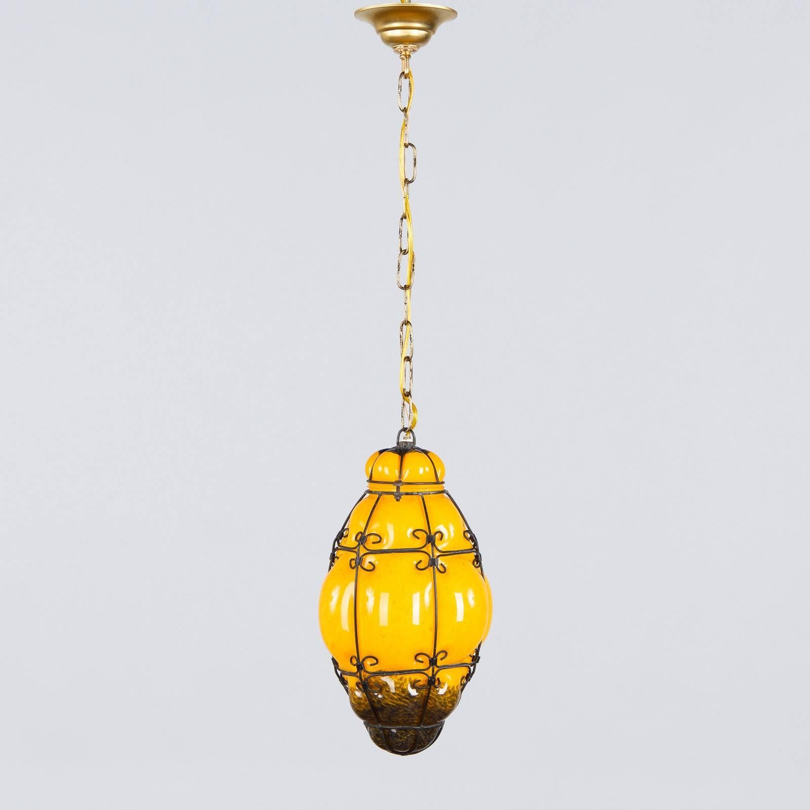 Midcentury Caged Murano Glass Pendant Lantern, Italy, 1950s For Sale 2