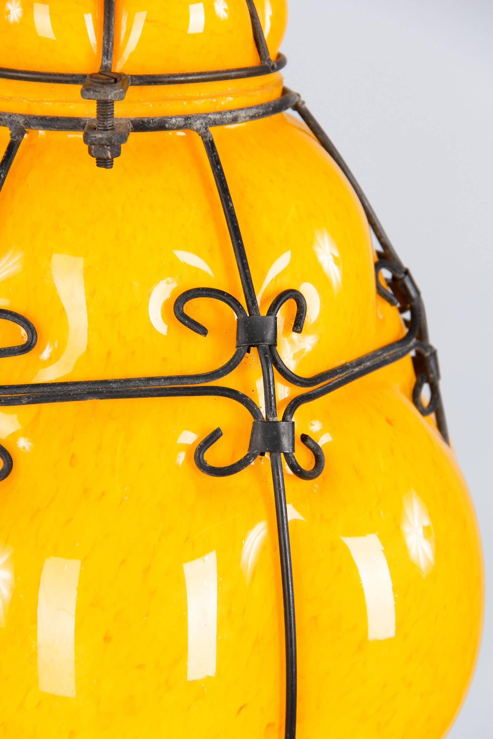 Italian Midcentury Caged Murano Glass Pendant Lantern, Italy, 1950s For Sale