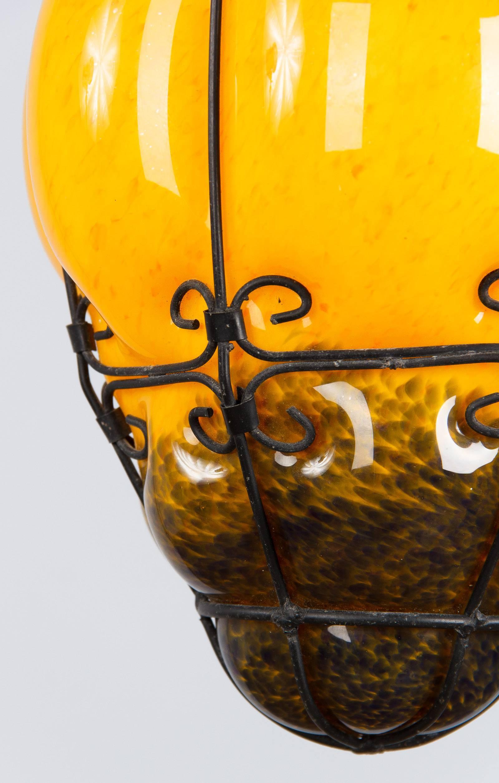Midcentury Caged Murano Glass Pendant Lantern, Italy, 1950s In Excellent Condition For Sale In Austin, TX