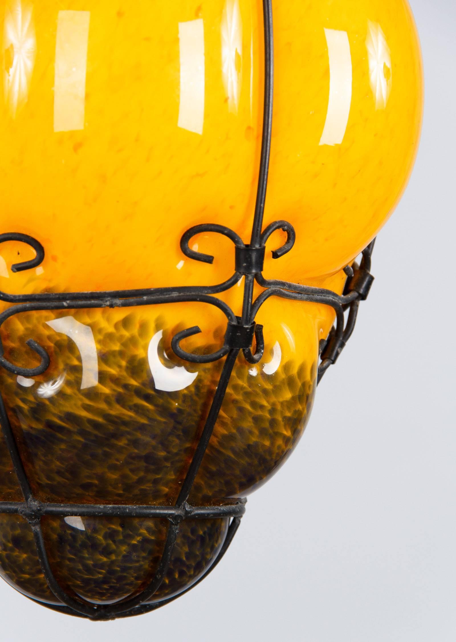 Mid-20th Century Midcentury Caged Murano Glass Pendant Lantern, Italy, 1950s For Sale