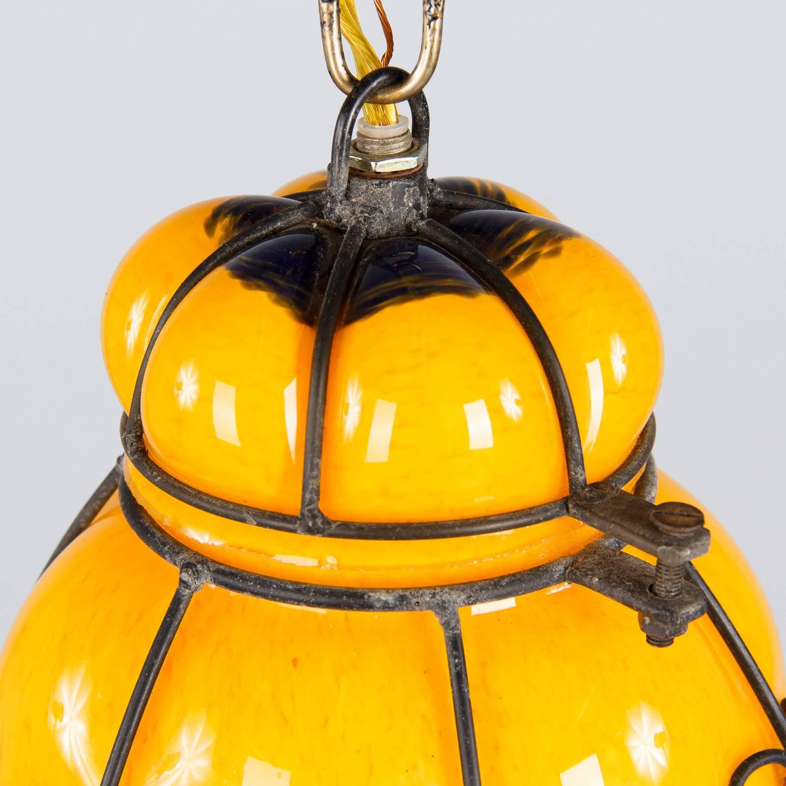 Blown Glass Midcentury Caged Murano Glass Pendant Lantern, Italy, 1950s For Sale