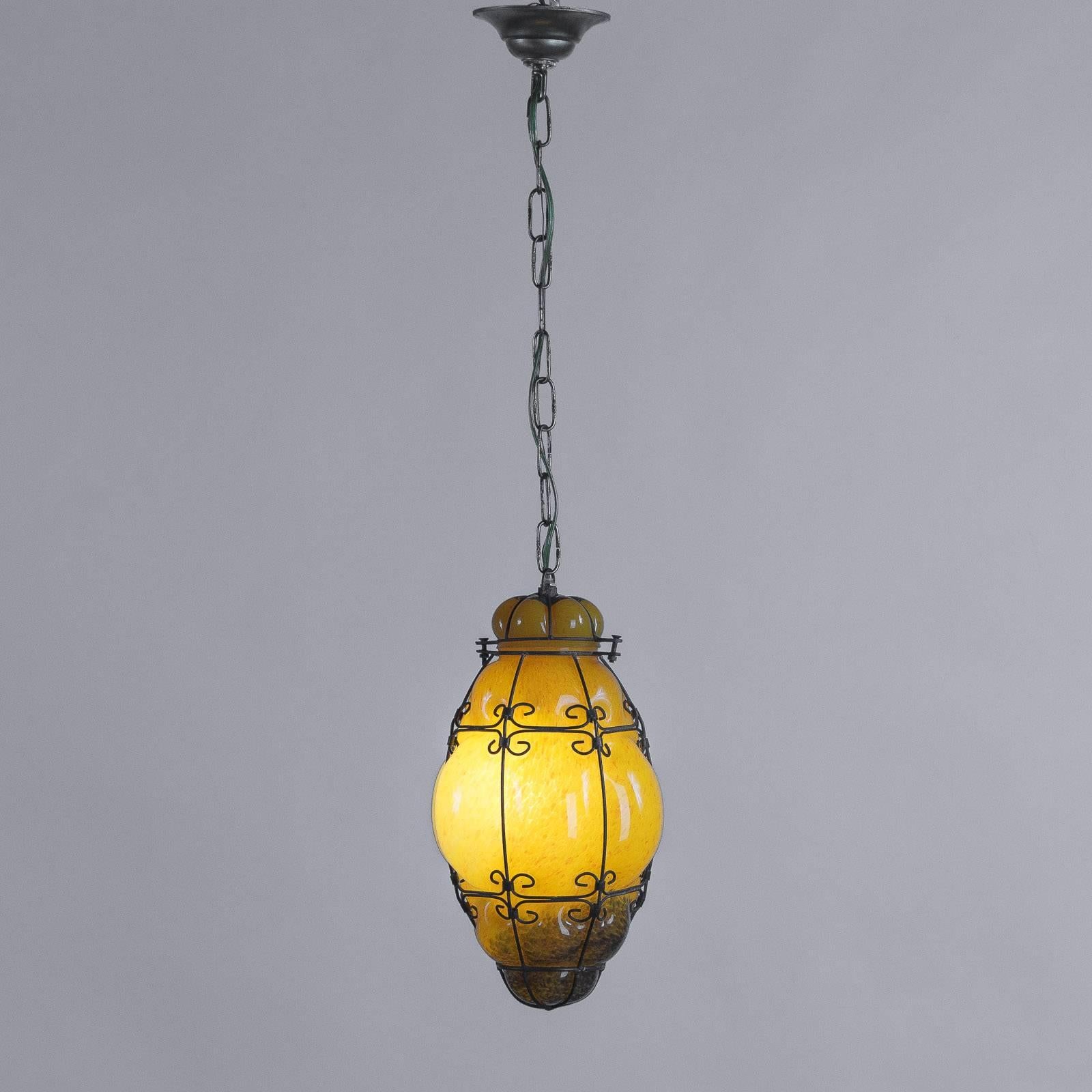 Midcentury Caged Murano Glass Pendant Lantern, Italy, 1950s For Sale 3
