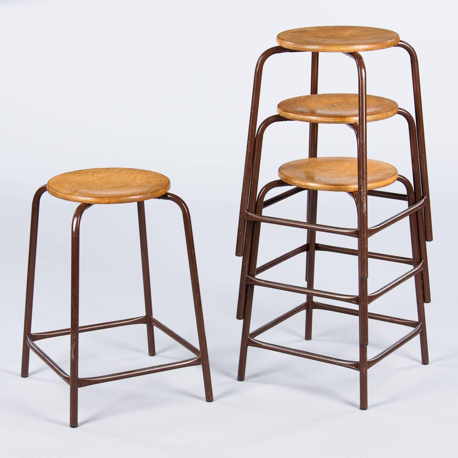 Set of Four French Vintage Wood and Metal Industrial Stools, 1950s 6