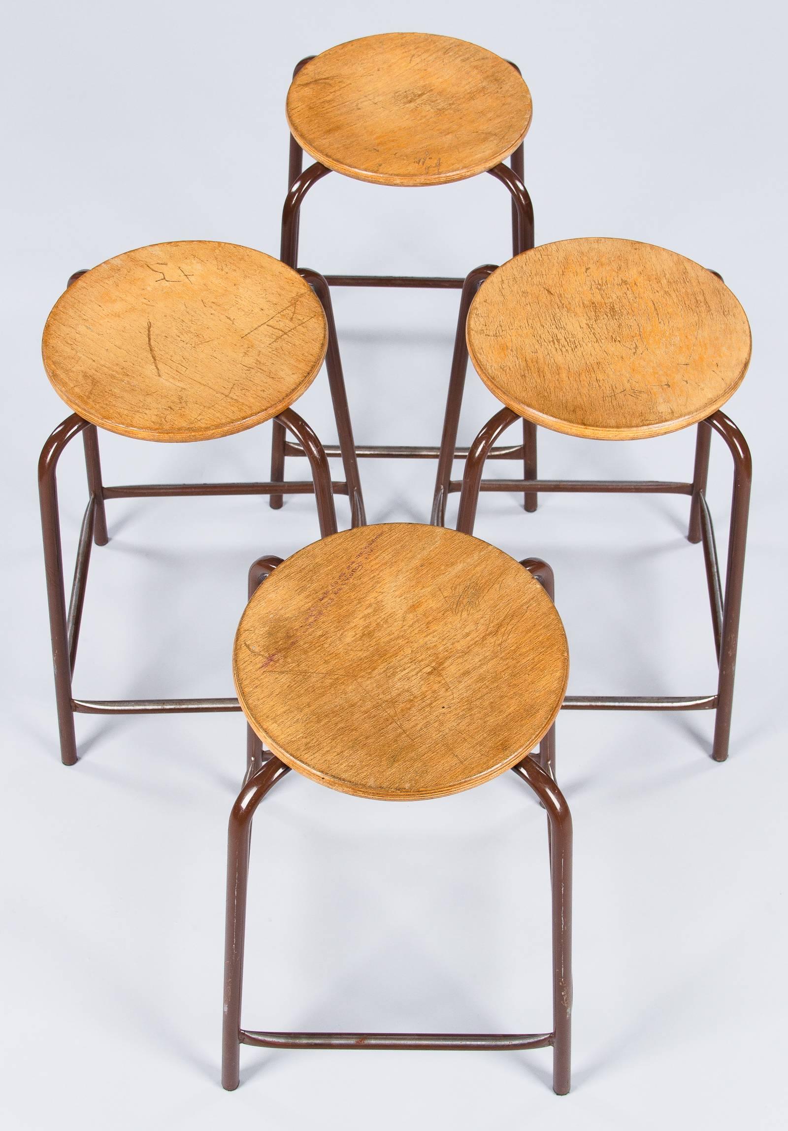 Mid-20th Century Set of Four French Vintage Wood and Metal Industrial Stools, 1950s