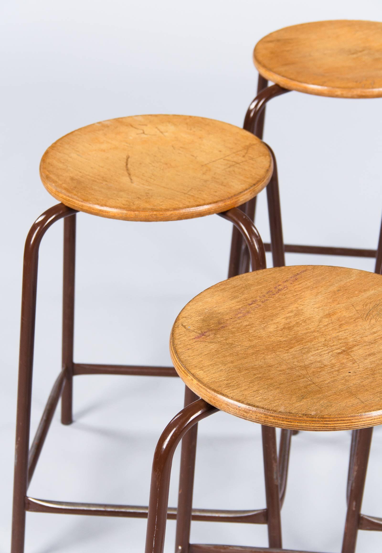 Set of Four French Vintage Wood and Metal Industrial Stools, 1950s 1