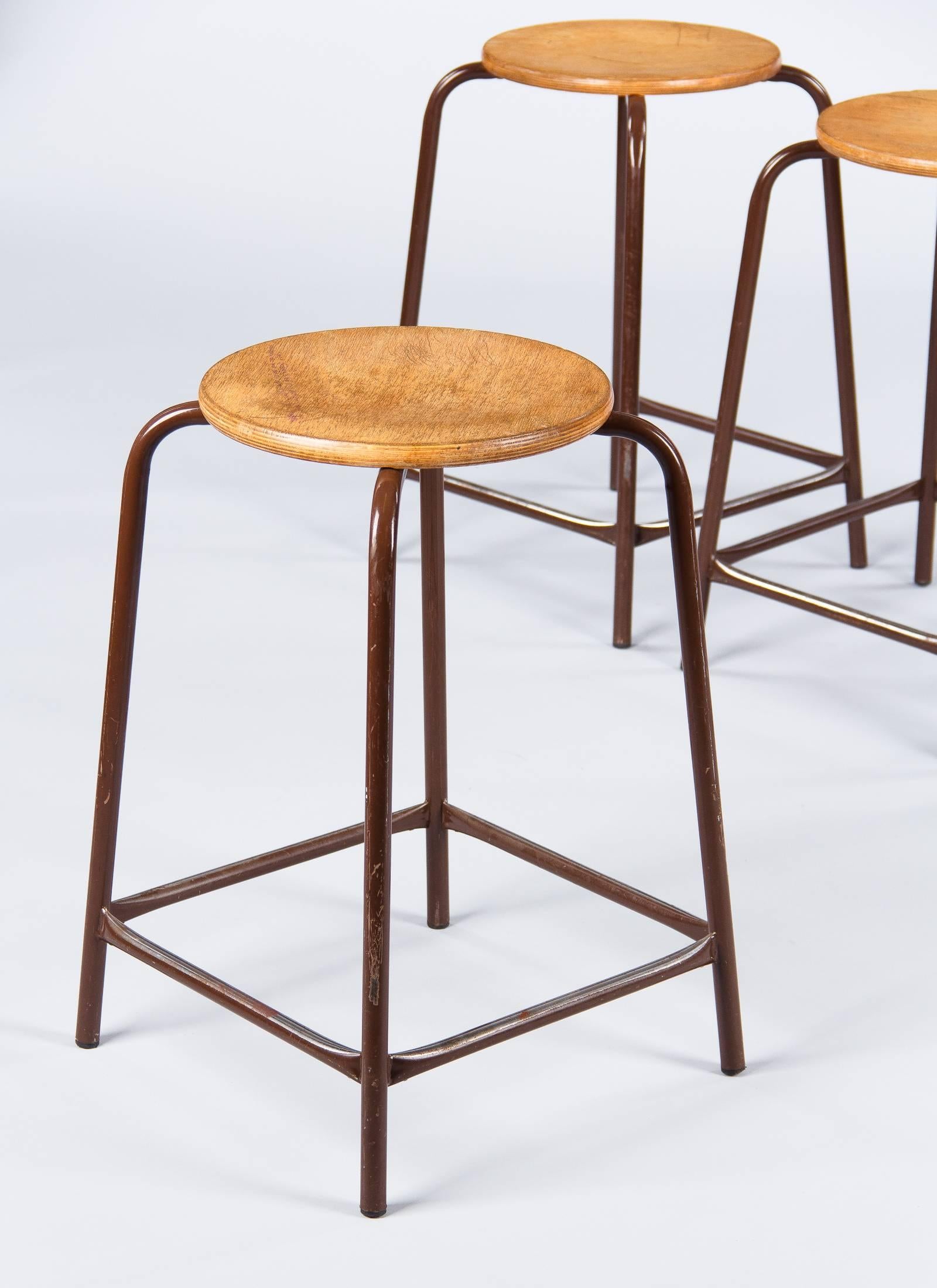 Set of Four French Vintage Wood and Metal Industrial Stools, 1950s 2