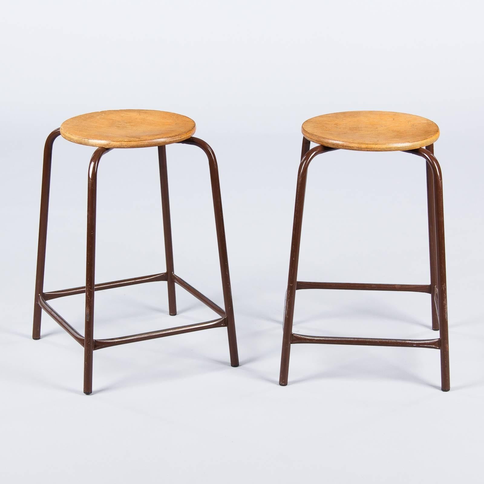 Set of Four French Vintage Wood and Metal Industrial Stools, 1950s 4