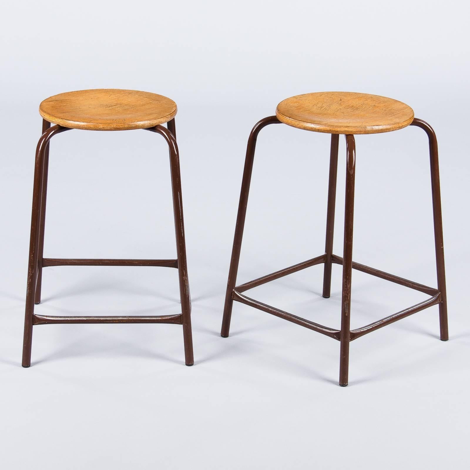 Set of Four French Vintage Wood and Metal Industrial Stools, 1950s 5