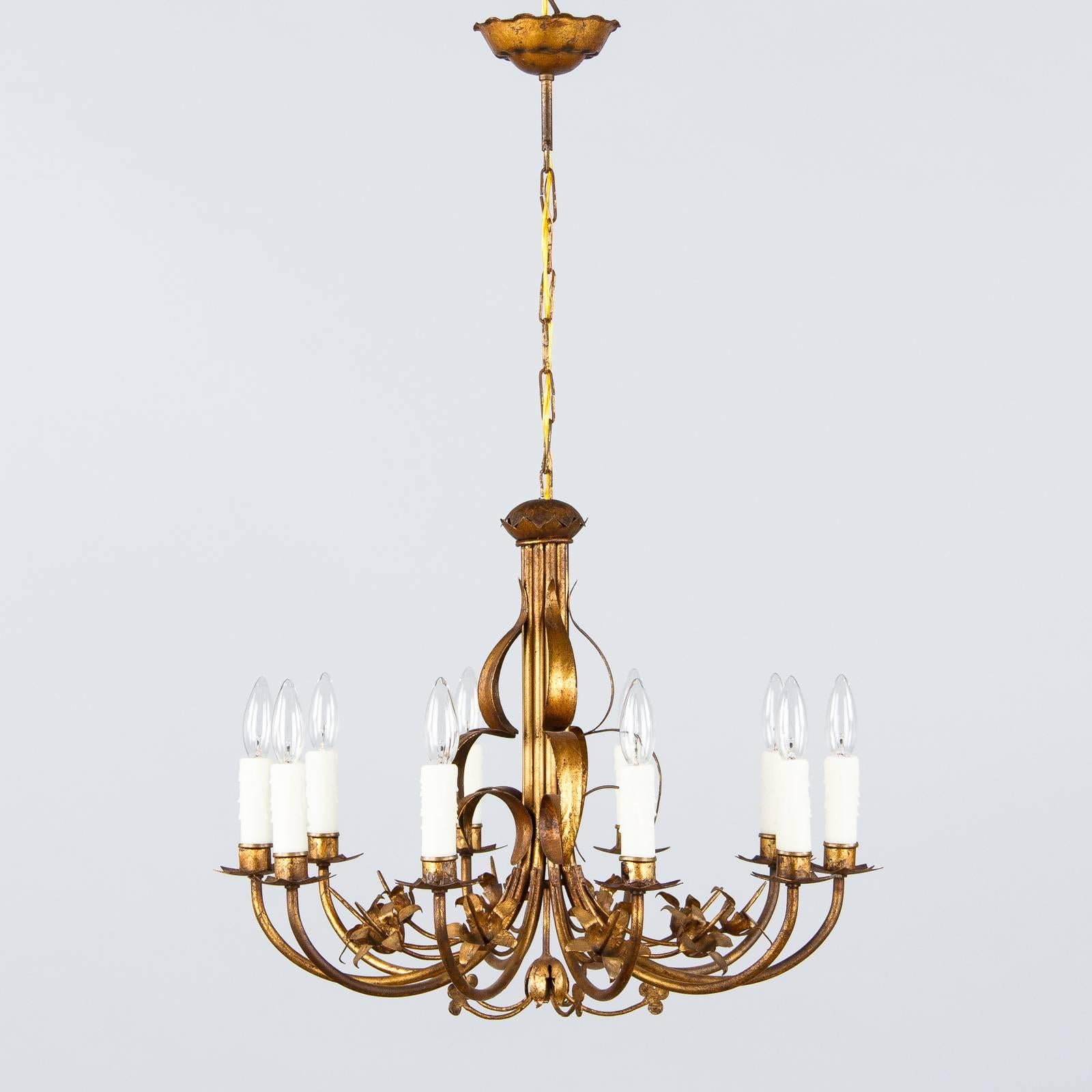 French Gilded Metal Chandelier, circa 1940s 5