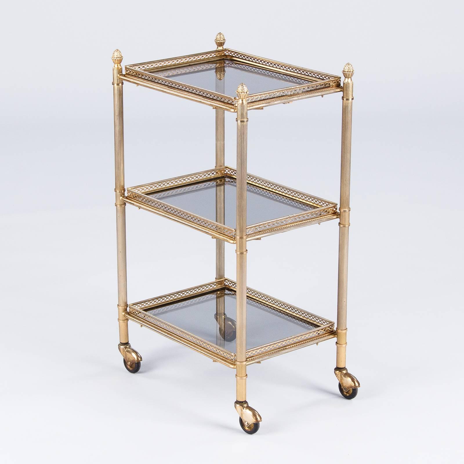 French Mid-Century Brass Three-Tier Bar Cart or Side Table In Good Condition In Austin, TX