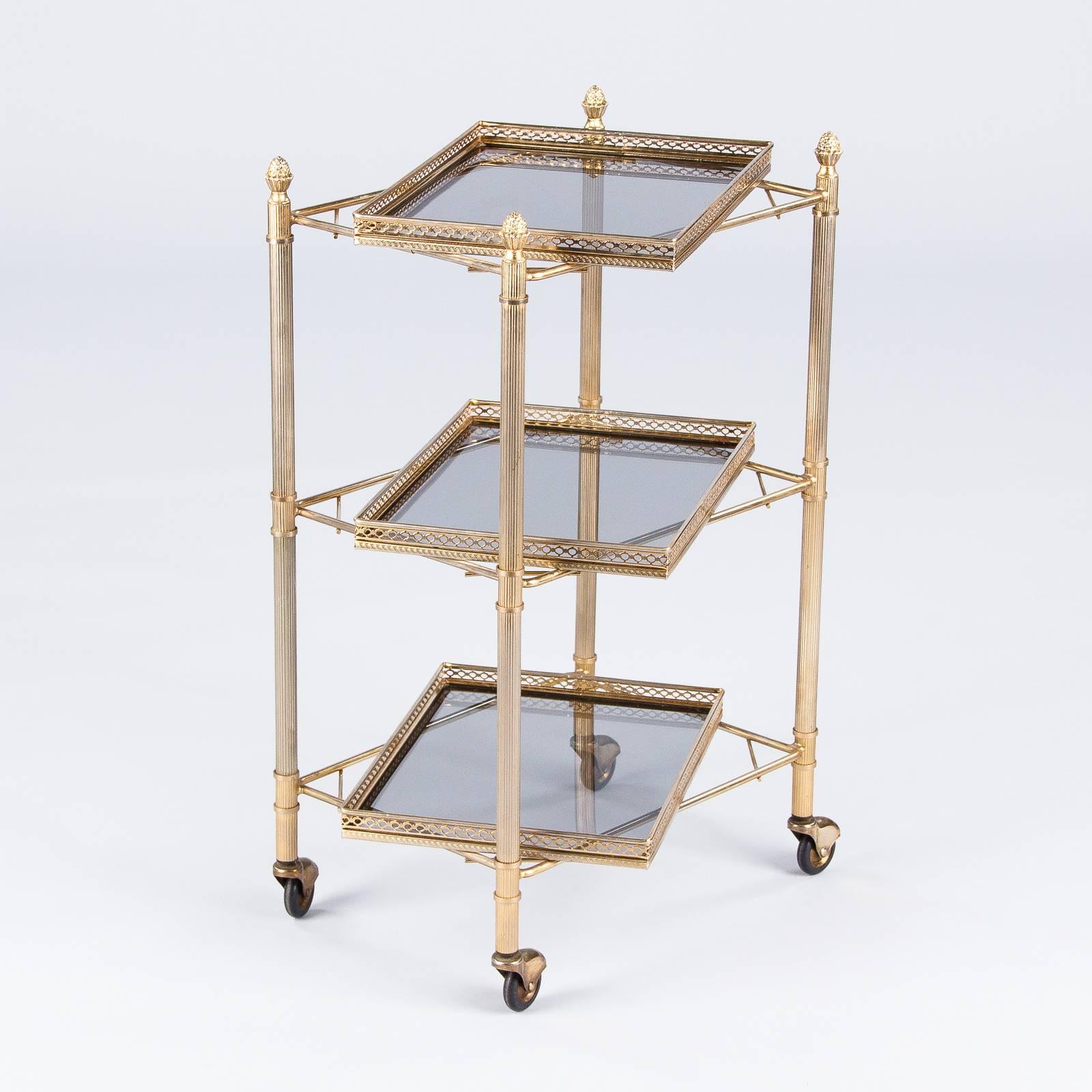 Mid-20th Century French Mid-Century Brass Three-Tier Bar Cart or Side Table