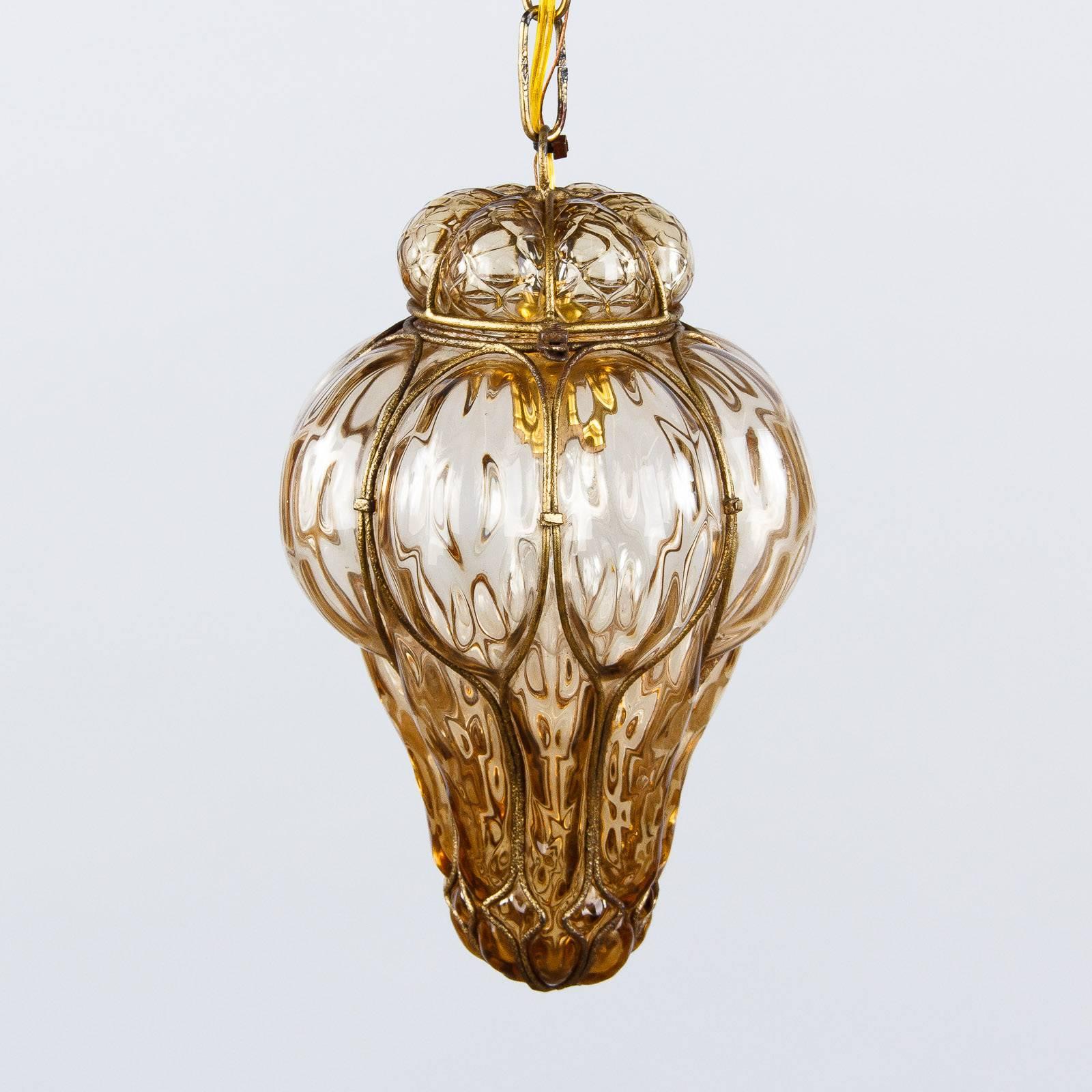 Italian Amber Murano Glass Caged Lantern, 1940s