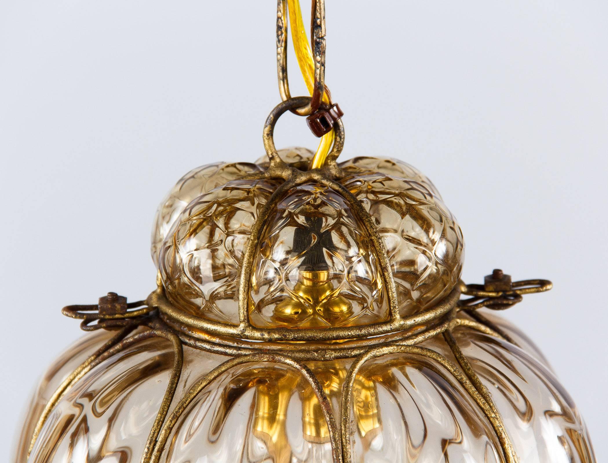 Amber Murano Glass Caged Lantern, 1940s In Good Condition In Austin, TX