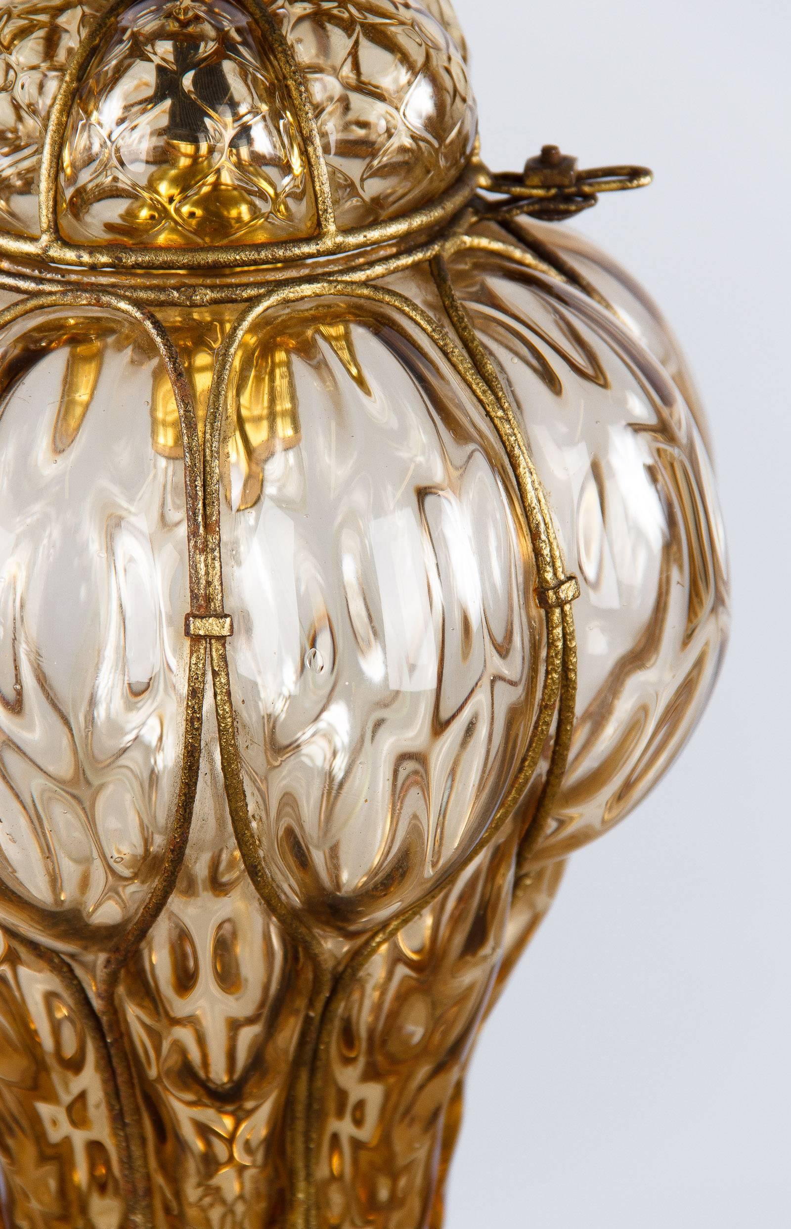 Amber Murano Glass Caged Lantern, 1940s 1