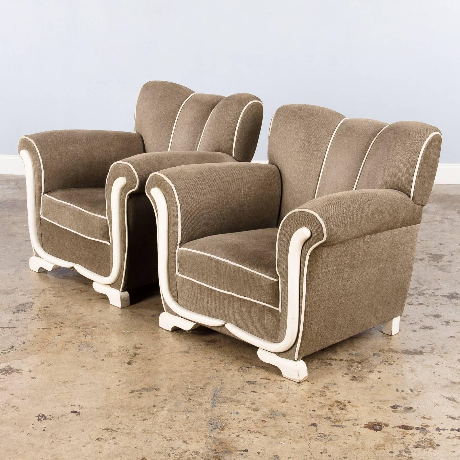 Pair of French Art Deco Upholstered Armchairs, 1940s 4