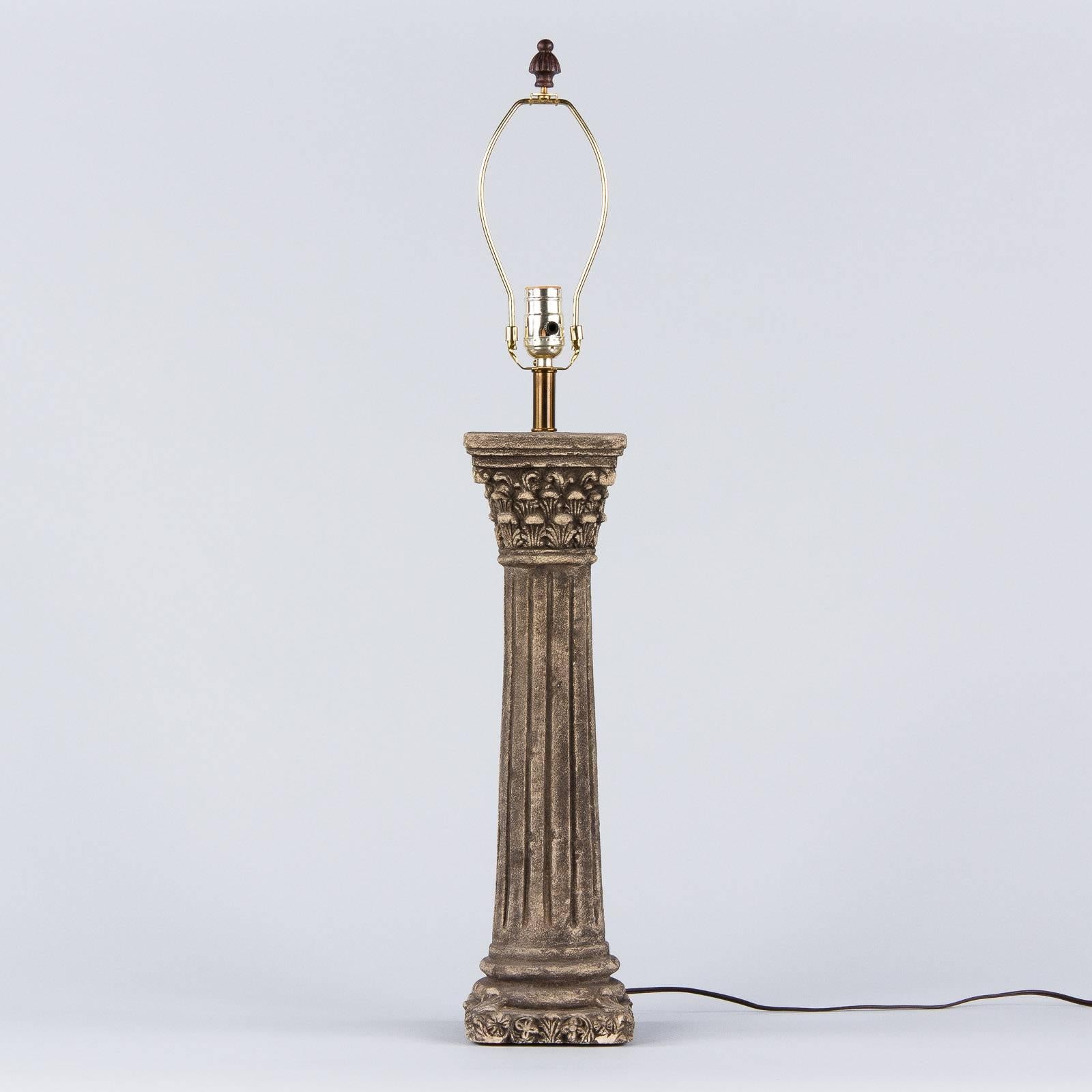 Fabric French Corinthian Column Stone Lamp, 20th Century For Sale