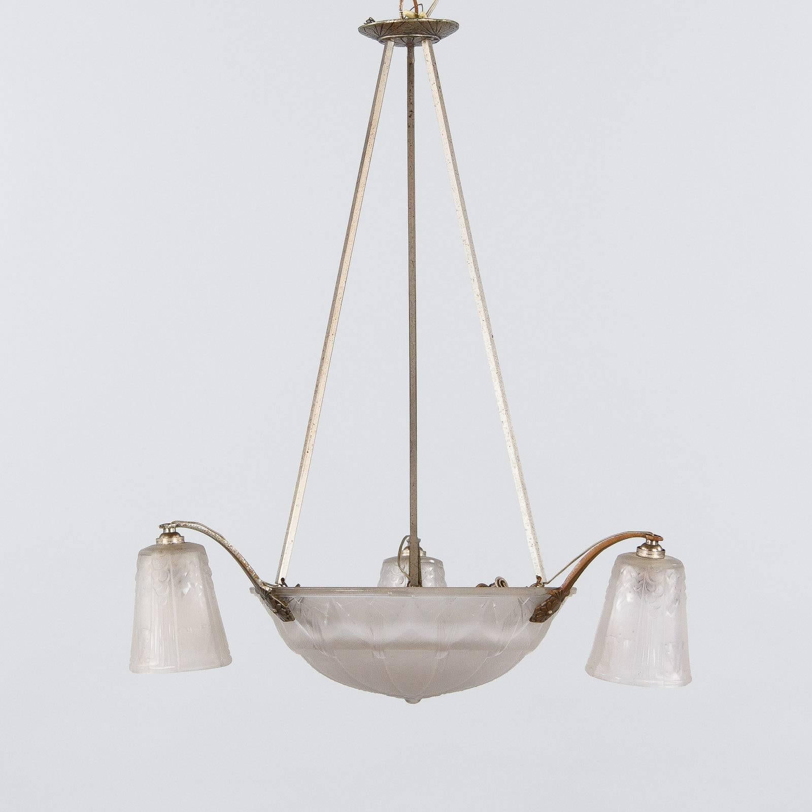 French Art Deco Glass and Metal Chandelier by Muller Frères, 1930s 6