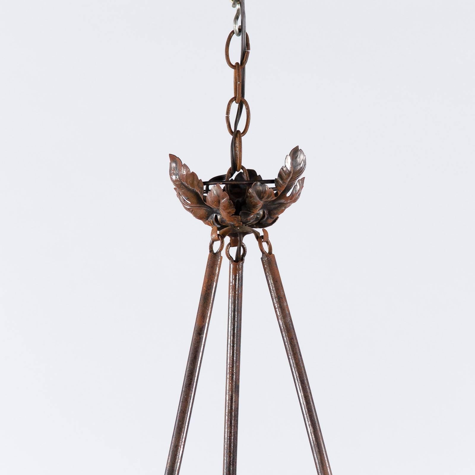 Mid-20th Century French Art Deco Triangular Wrought Iron and Frosted Glass Chandelier, 1930s