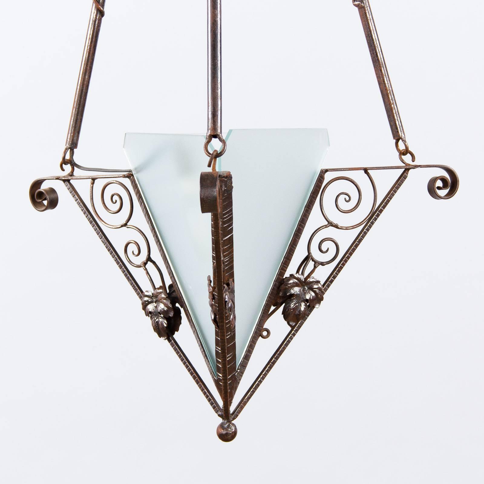 French Art Deco Triangular Wrought Iron and Frosted Glass Chandelier, 1930s 3