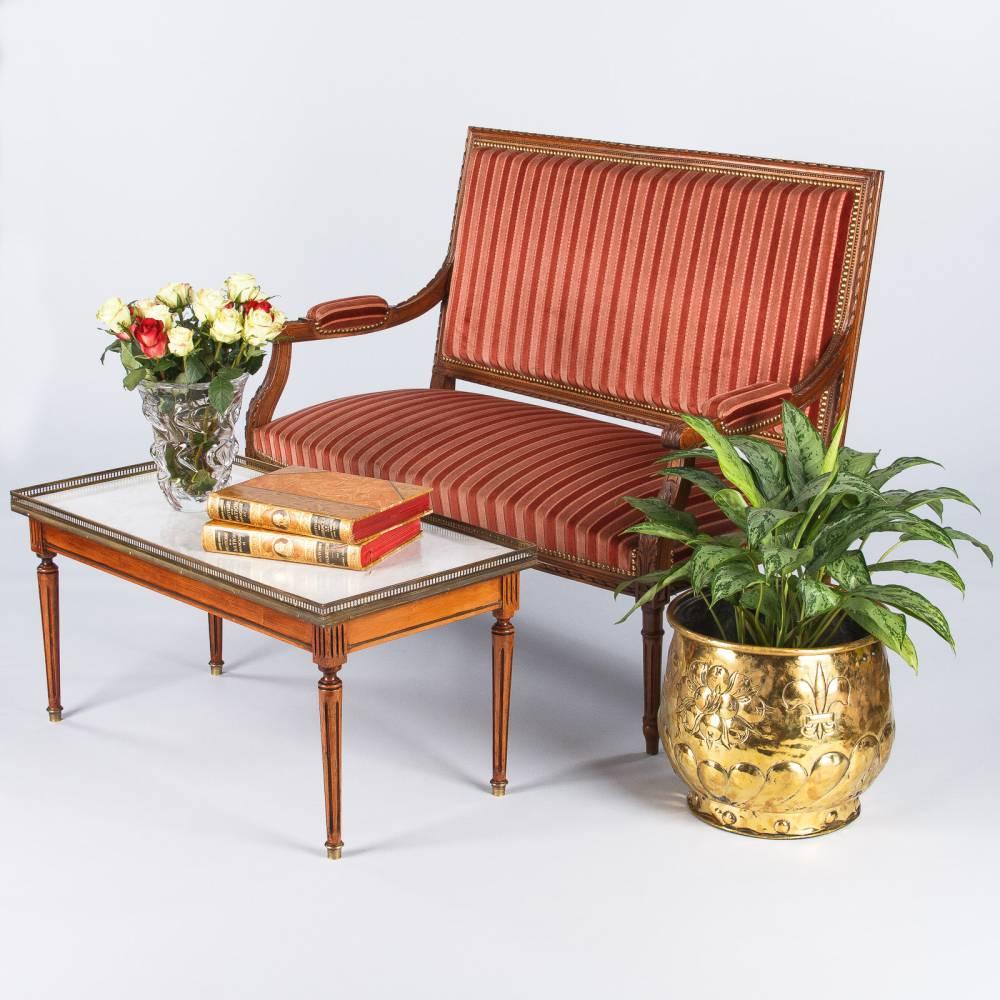 Brass French Louis XVI Style Coffee Table with Marble Top, Early 1900s