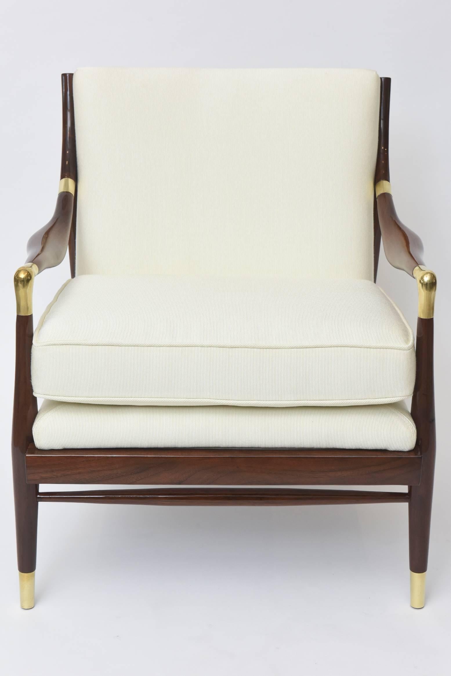 Italian Modern Mahogany and Brass Arm/Lounge Chair, Style of Ponti In Excellent Condition In Hollywood, FL