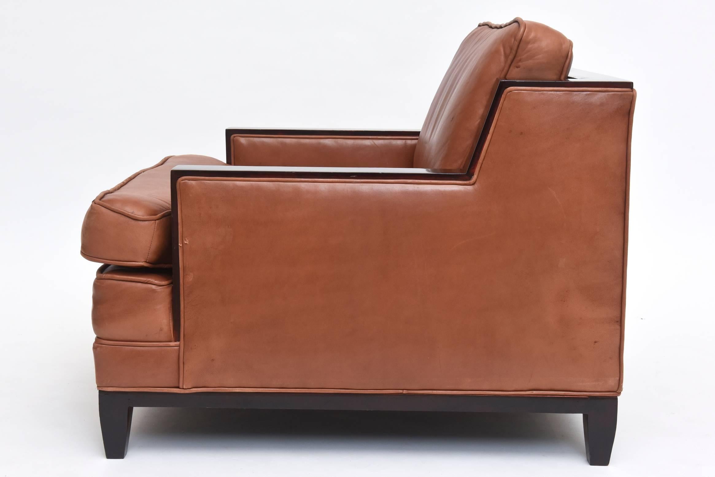 20th Century Pair of French Modern Leather Club Chairs Attributed to Jacques Adnet, 1940s