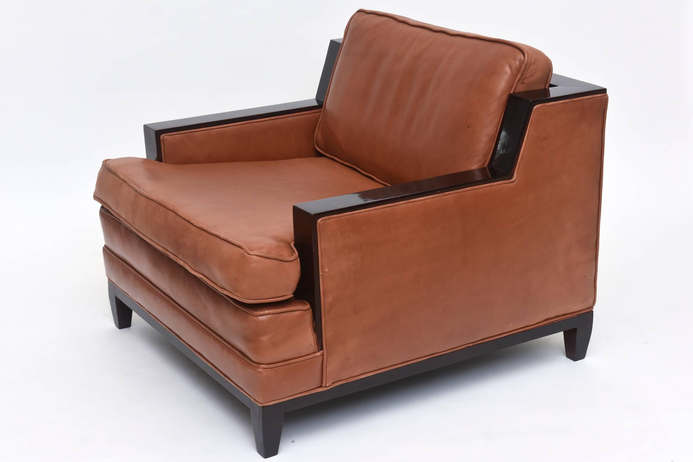 Pair of French Modern Leather Club Chairs Attributed to Jacques Adnet, 1940s In Good Condition In Hollywood, FL