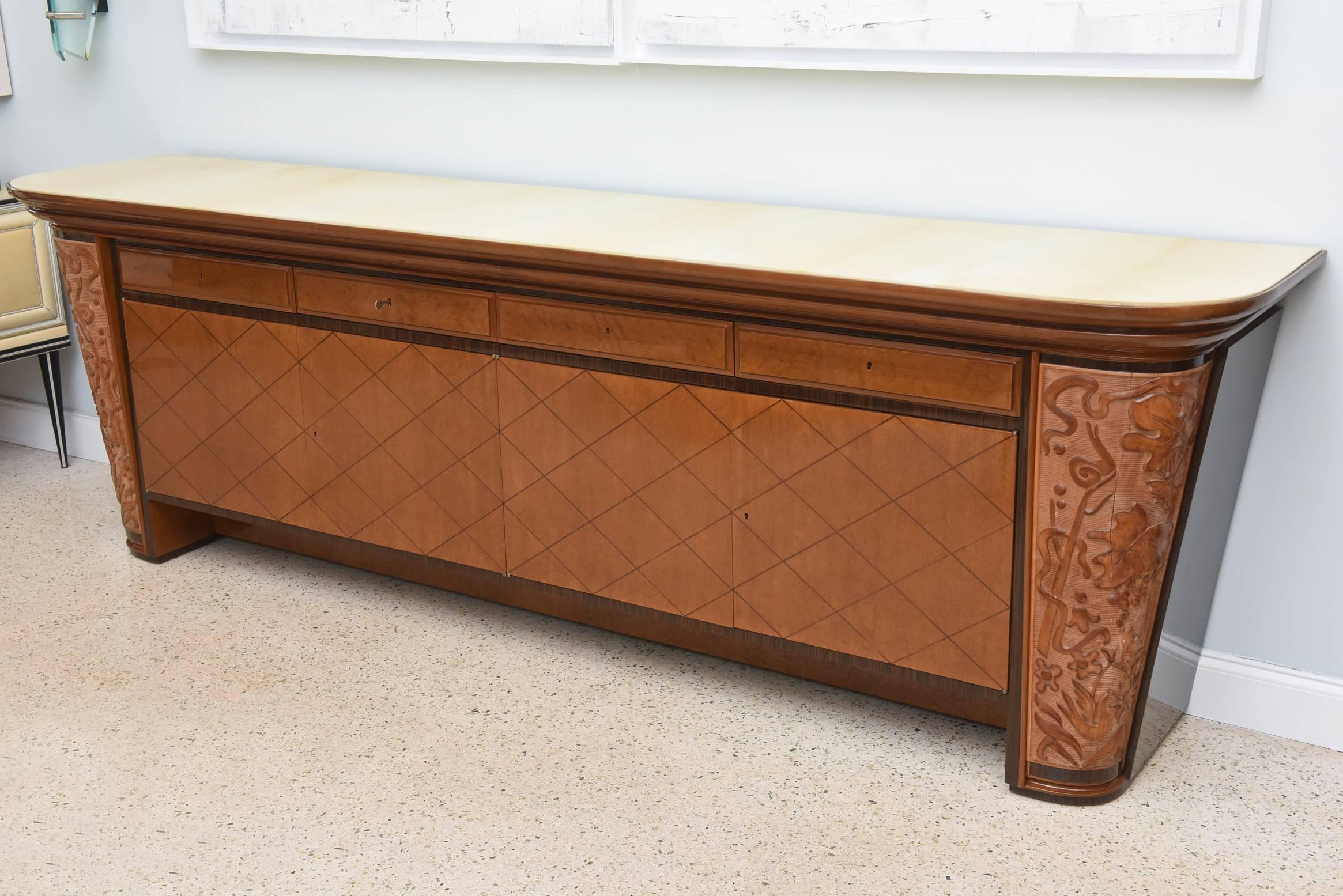 Macassar Osvaldo Borsani Italian Modern Mixedwood and Parchment Sideboard/Buffet, 1940s For Sale