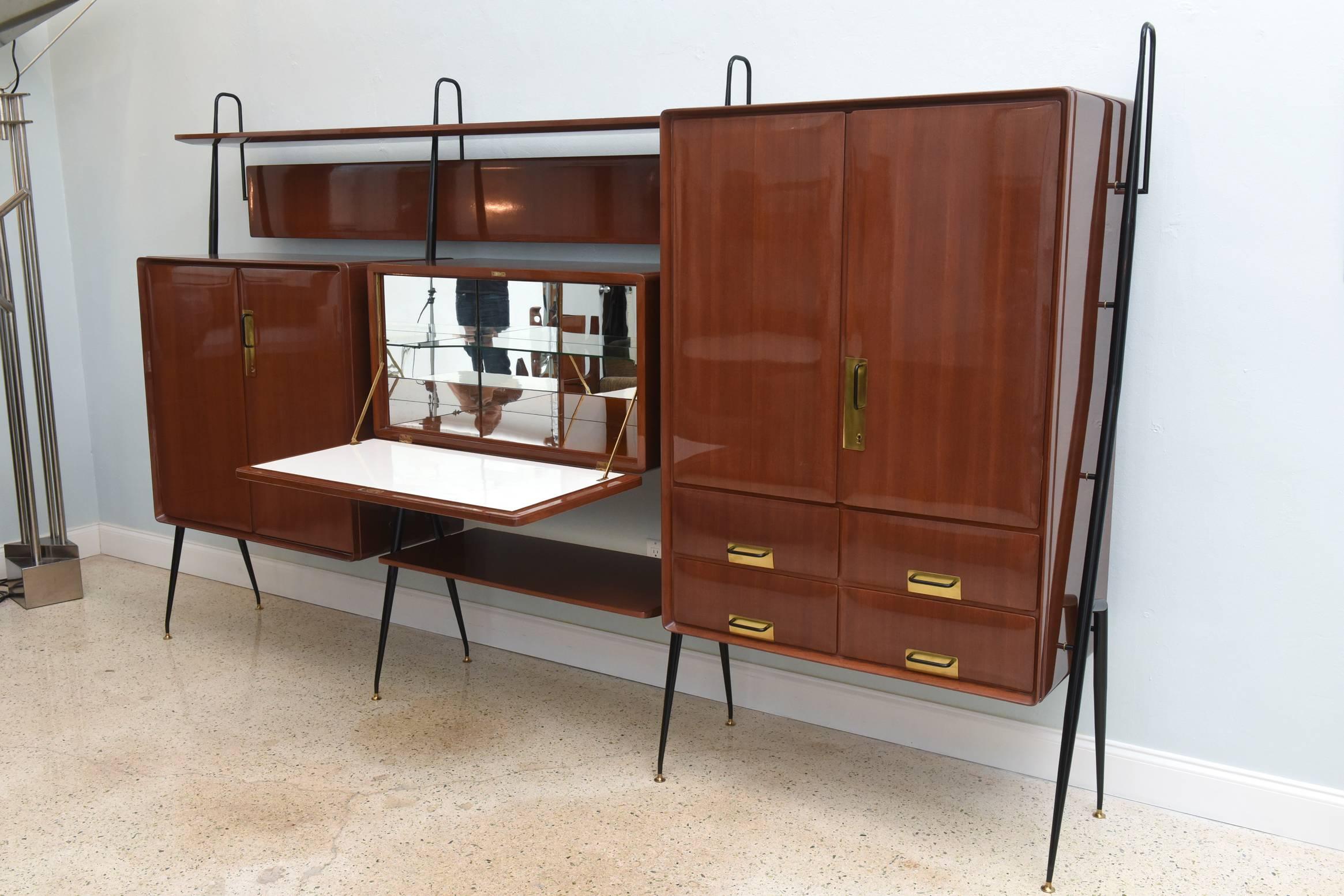 Mid-20th Century Italian Modern Mahogany and Brass Bar Cabinet or Bookcase, Silvio Cavatorta