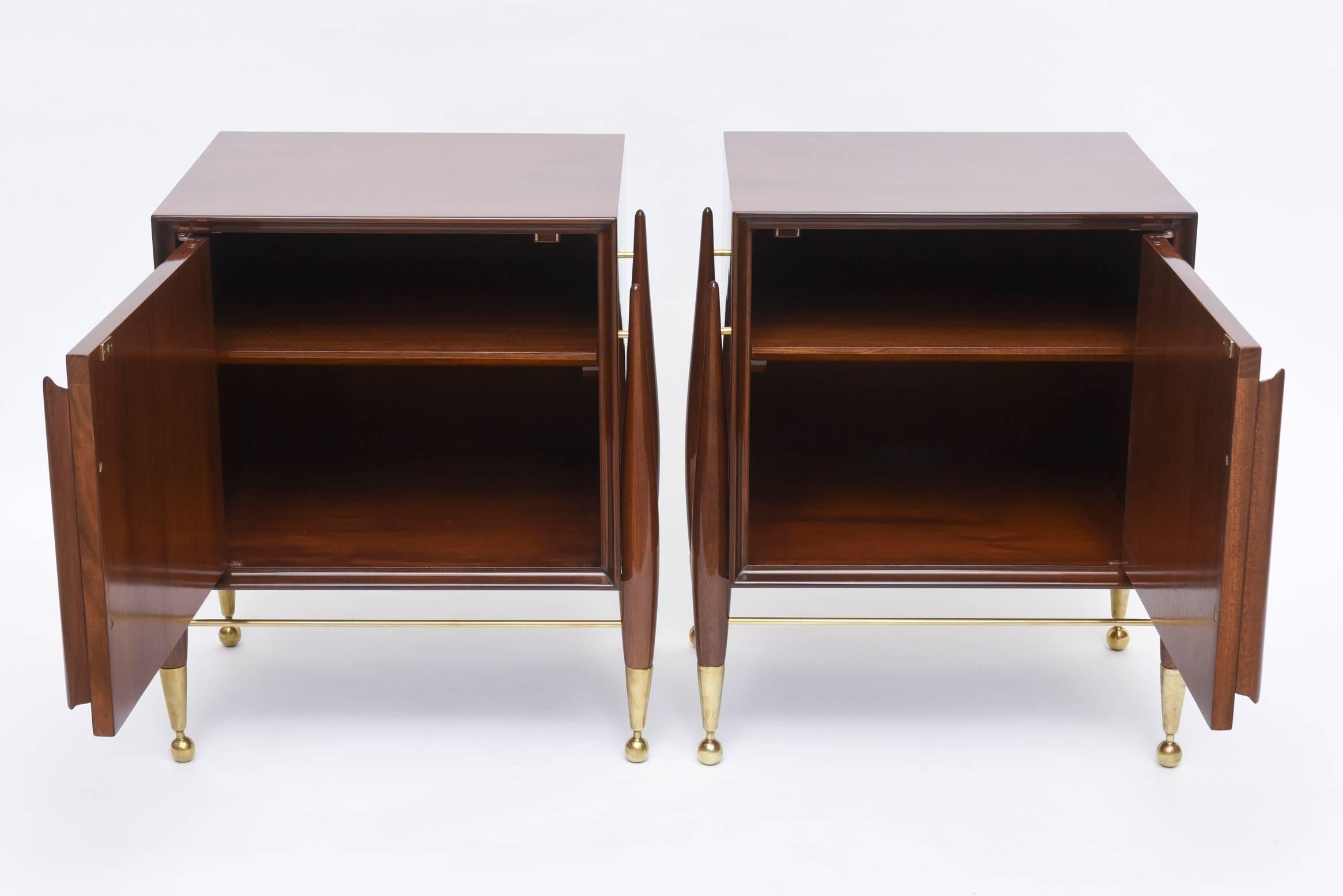 Pair Italian modern walnut and bronze bedside tables, Melchiorre Bega, 1950's.