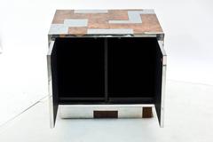 American Modern Burl Walnut and Chrome Two-Door Cabinet, Paul Evans