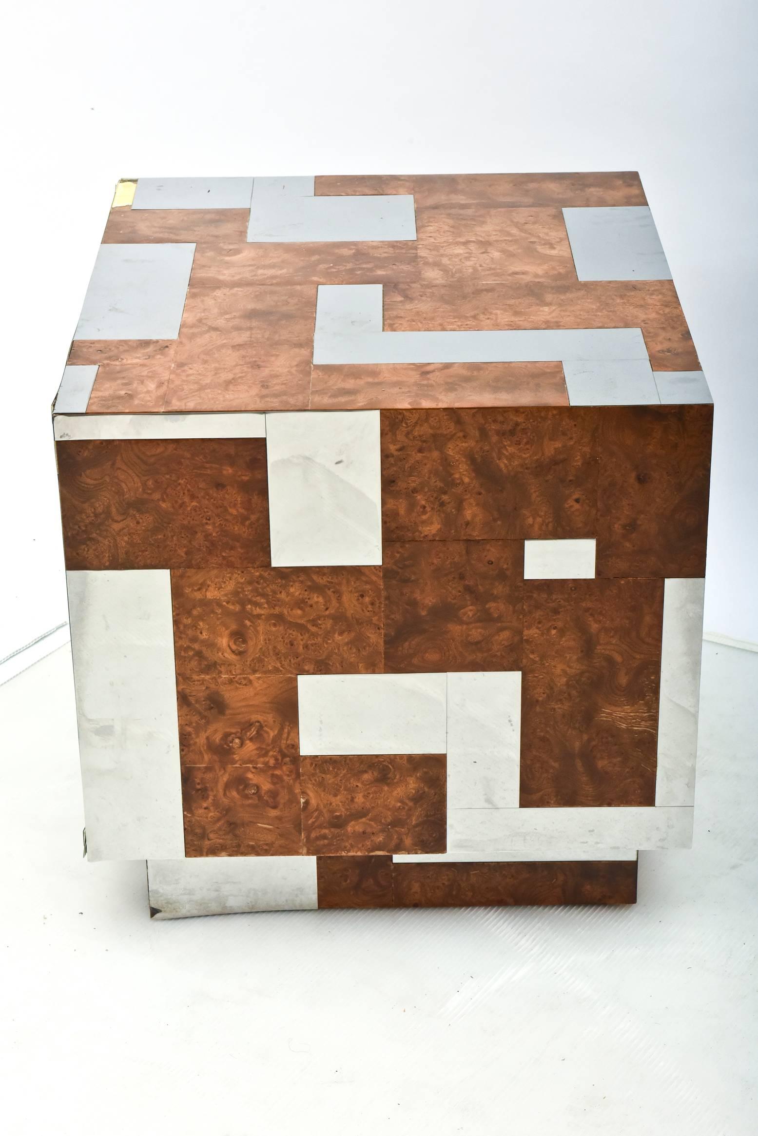 Mid-20th Century American Modern Burl Walnut and Chrome Two-Door Cabinet, Paul Evans For Sale