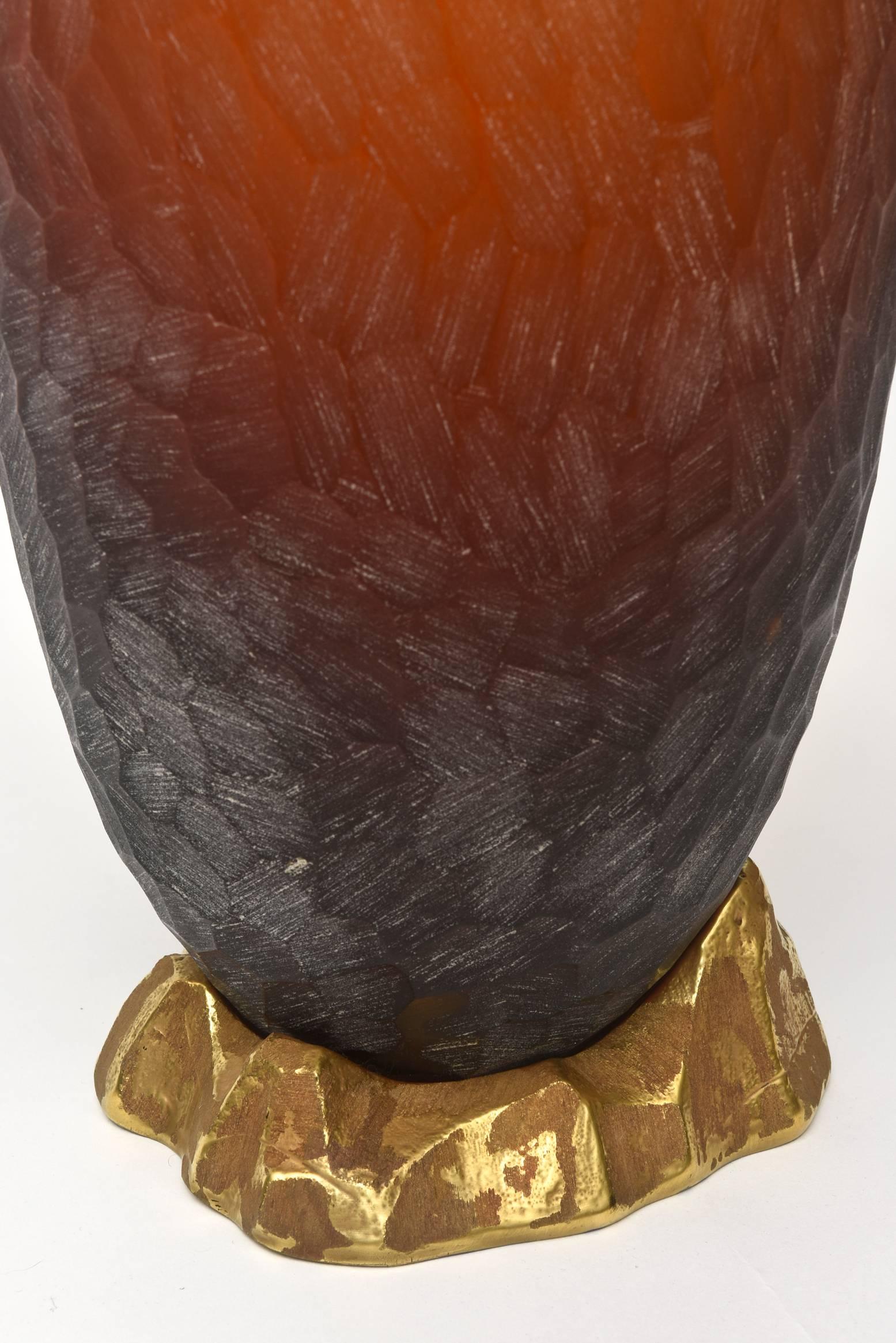 Mid-Century Modern Rare Italian Modern Dark Amber and Gilt Decorated Vase, Seguso For Sale